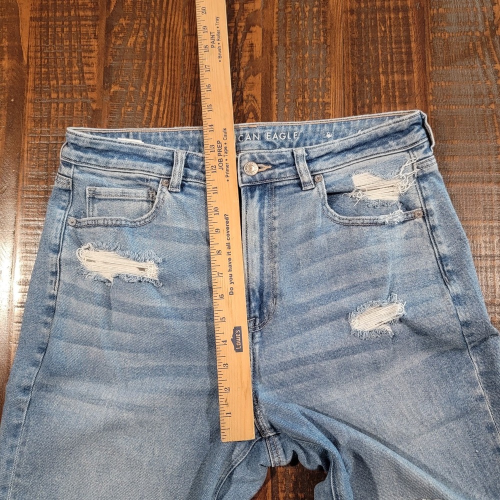 American Eagle Stretch Mom Straight Jean Blue Wash Denim Distressed Size 14R - Picture 3 of 9